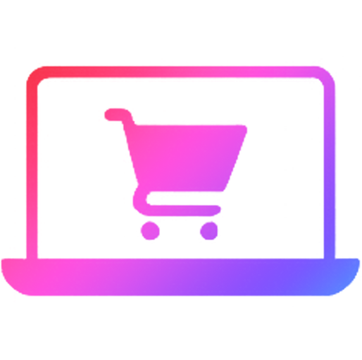 Icon eines stilisierten Einkaufskorbs auf einem Farbverlauf in Rot, Pink, Lila und Blau.