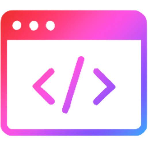 Weißes HTML-Code-Symbol auf einem Hintergrund mit Farbverlauf von Rot über Pink und Lila bis Blau.