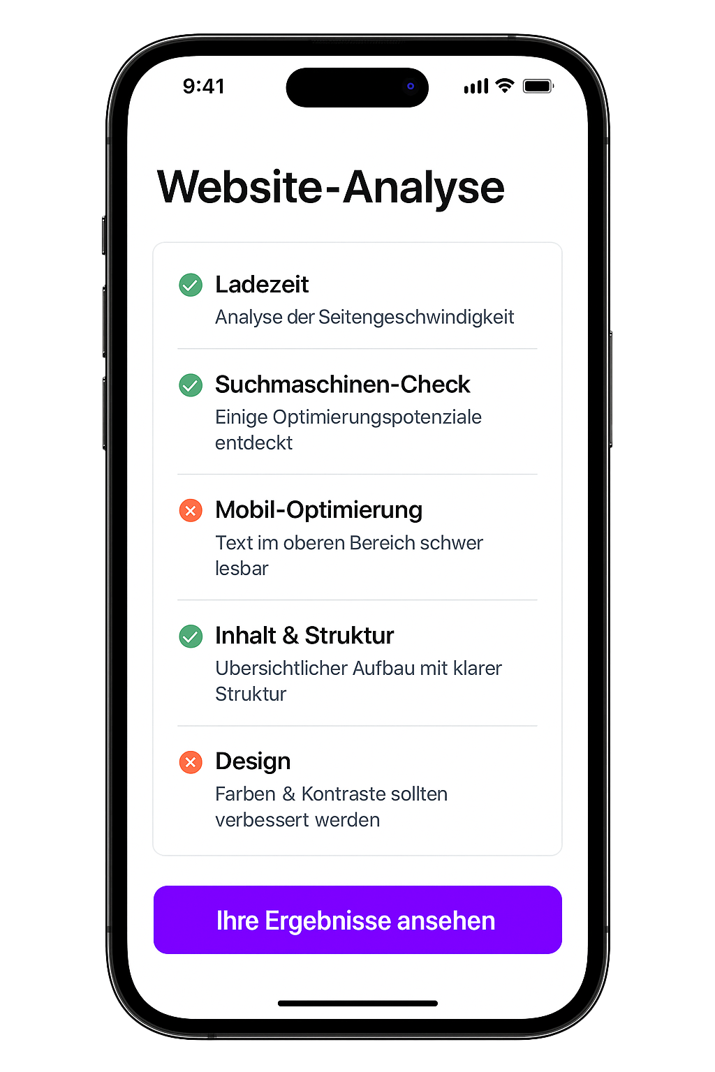 Smartphone zeigt eine Website-Analyse mit Bewertungen zu Ladezeit, Suchmaschinen-Check, Mobil-Optimierung, Inhalt &amp; Struktur sowie Design.